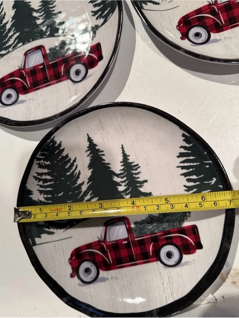 4 Christmas  Melamine Dinner Plates Round 6 3/4  Christmas Truck With Tree